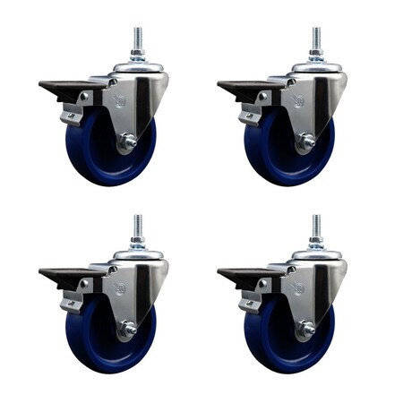 Service Caster 4 Inch Solid Polyurethane 12 MM Threaded Stem Caster Set with Brake SCC-TS20S414-SPUS-PLB-M1215-4